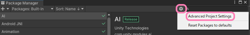 Unity2022のPackage　ManagerでAdvanced Project Settingsを指示します。