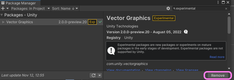 Unity2022のPackageManagerタブで表示されたExperimentalパッケージの右下にRemoveボタンがあります