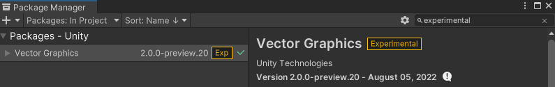 Unity2022のPackageManagerタブで追加されているExperimentalパッケージが表示されます。