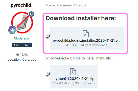 pyrochild plugins のサイトのインストーラーの DL ボタン