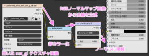 ノードを複数接続してnor_glテクスチャ画像をノーマルに接続しました。