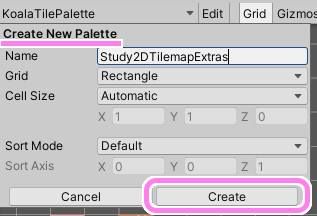 Unity Create New Palette ウィンドウでパレットの名前、マスの形などを設定し Create ボタンを押します。