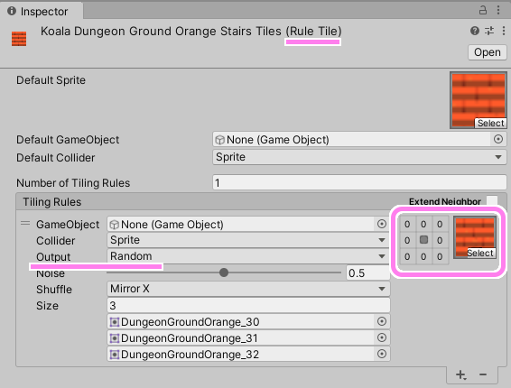 Unity Rule Tile (Output=Random) の設定の例