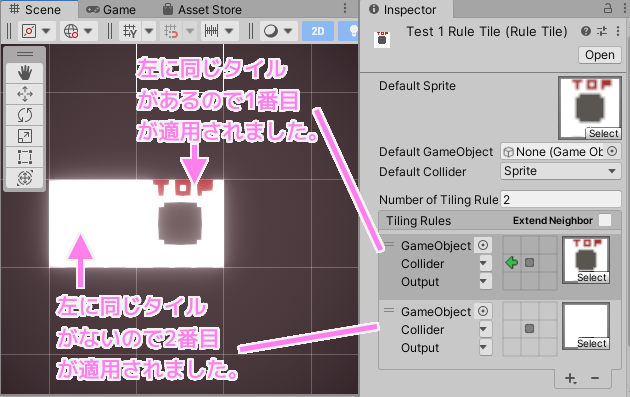 Unity Rule Tile (Fixed Single) の配置の例