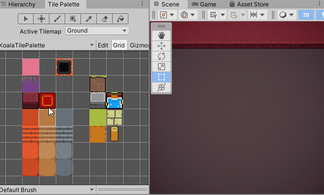 Unity Weighted Random Tile をパレットで選択して塗ると、1個ずつランダムに選ばれたタイルで塗られます。