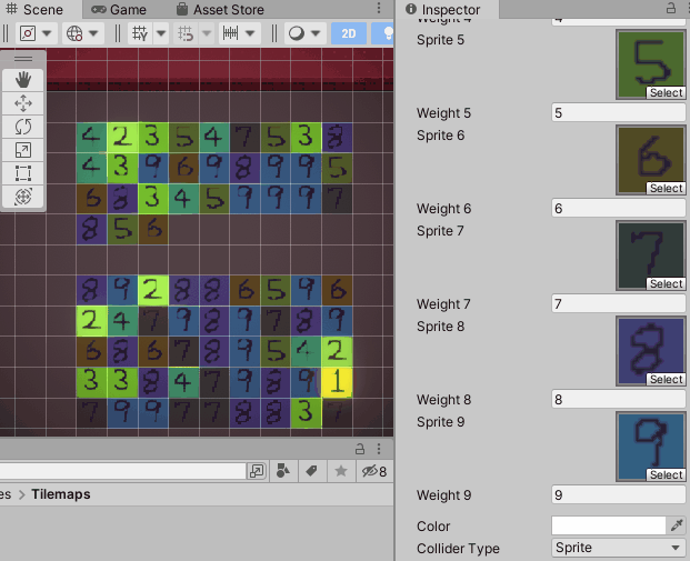 Unity の Weighted Random Tile の Color を変えると全体の色味を変更できます。