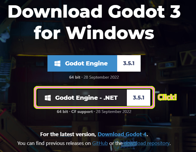 Godot Engine - .NET 3.5.1 C# support 版をクリックします。