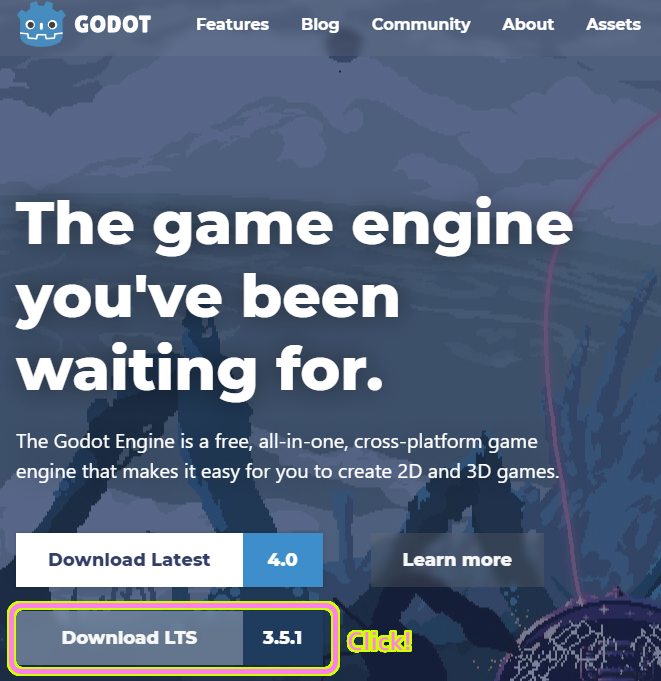 Godot 公式サイトで Download LTS 3.5.1 をクリックします。