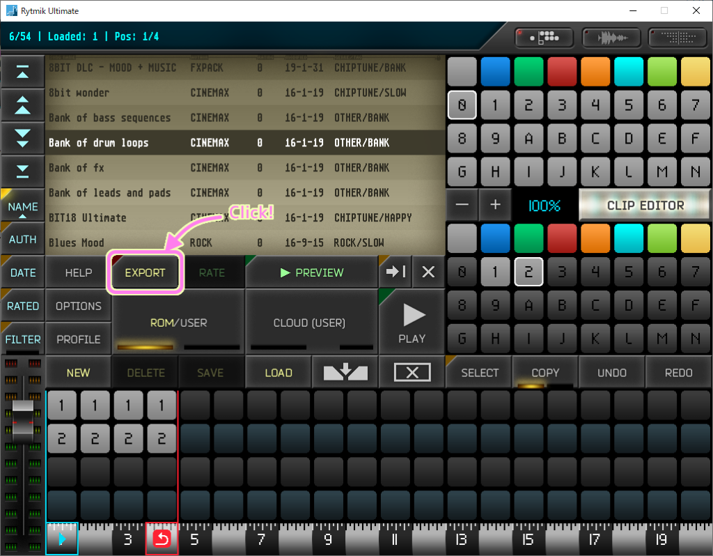 Rytmik Ultimate メインウィンドウ左側の EXPORT ボタンを押します.