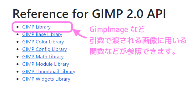 GIMP API 2.0 用のリファレンスの GIMP Library のリンク先では Image の操作関数などが参照できます.
<a rel=