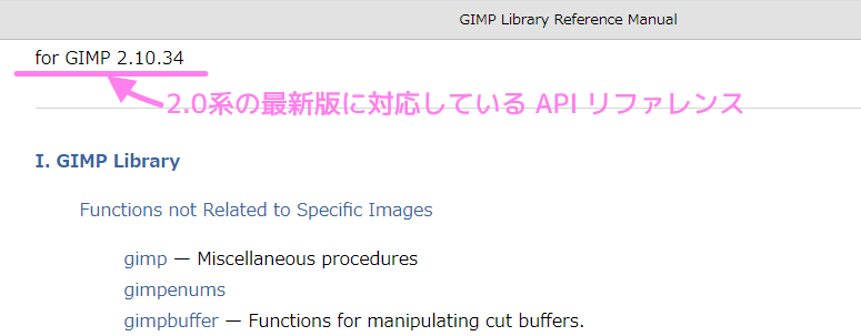 GIMP API 2.0 系リファレンスですが、最新版 2.10.34 に対応しています。
<a rel=
