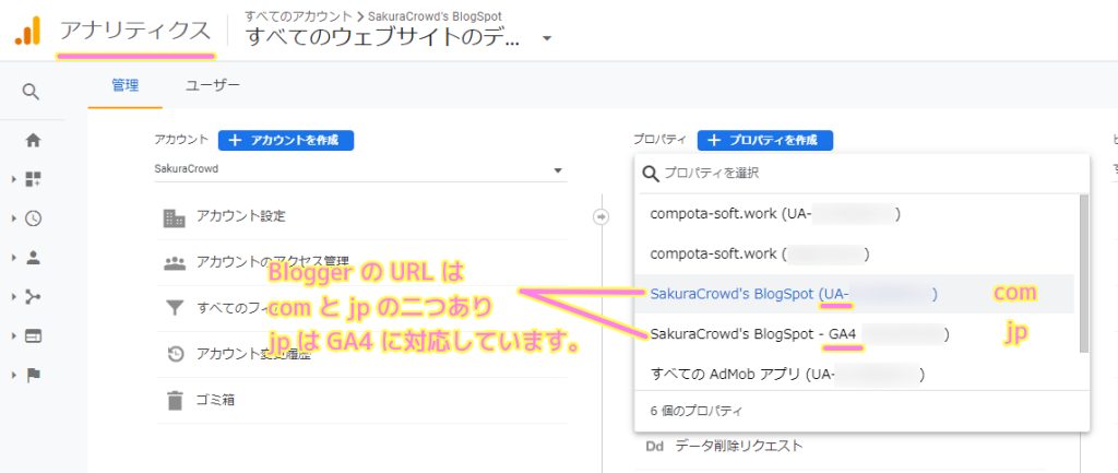 Google アナリティクスの設定画面には Blogger の URL が com と jp 二つあり jp は GA4 に対応していました.