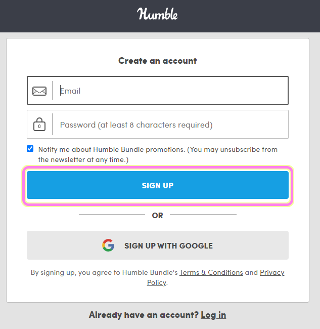 Humble アカウント作成では、Google アカウントを利用したり、メールアドレスと任意のパスワードでアカウントを作成します.