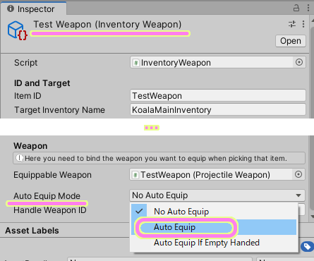 TopDownEngine TestWeapon(InventoryWeapon) の Auto Equip Mode を Auto Equip に変更します.