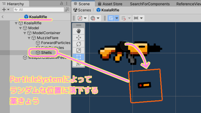 Unity TopDownEngine サンプル KoalaRifle プレハブの Shells では ParticleSystem でランダムな位置に薬きょうを落下させています.