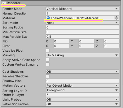 Unity TopDownEngine サンプル KoalaRifle プレハブの Shells の ParticleSystem の Renderer の設定の中でマテリアルが指定されています..