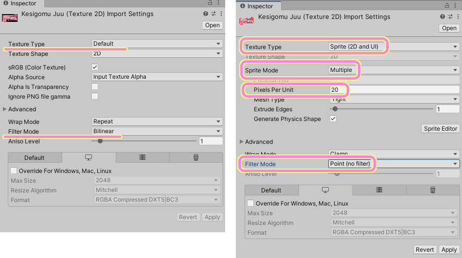 Unity 追加した png ファイルの設定を TopDownEngine サンプル KoalaRifle の画像ファイルと同じになるように変更します.