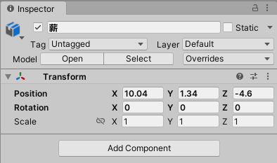 Blender で Unity 向けの設定で fbx 出力したので、Scaleが100になったりRotationが0以外の状態だったりはしていません.