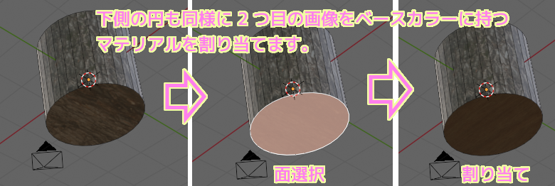 Blender 円柱の上側の円と同様に下側の円も面選択して 2 つ目のマテリアルの画像を割り当てます.