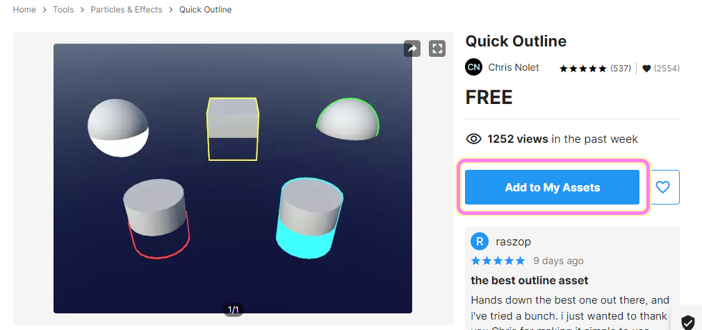 Unity Asset Store 無料アセット Quick Outline のページで Add to My Assets ボタンを押します.
