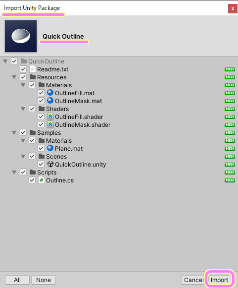 Unity Import Unity Package ダイアログが表示されるので、全部選択されていることを確認して Import ボタンを押します.