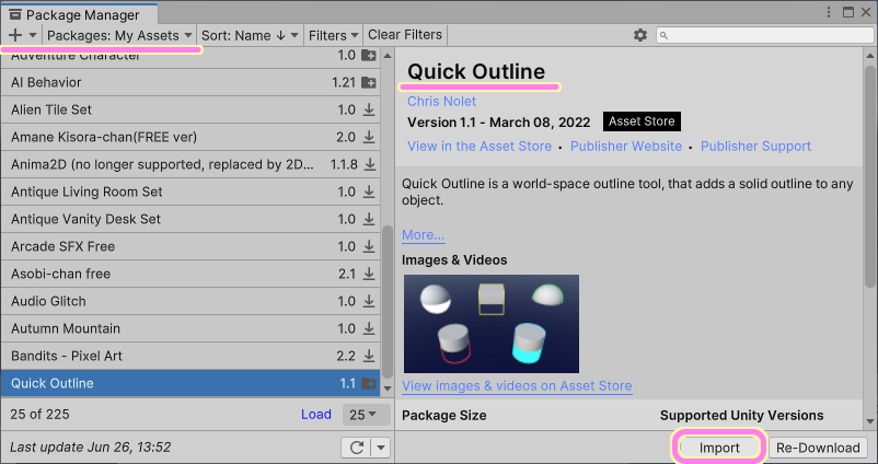 Unity PackageManager ウィンドウの Quick Outline のページでダウンロードが完了すると表示される Import ボタンを押します.