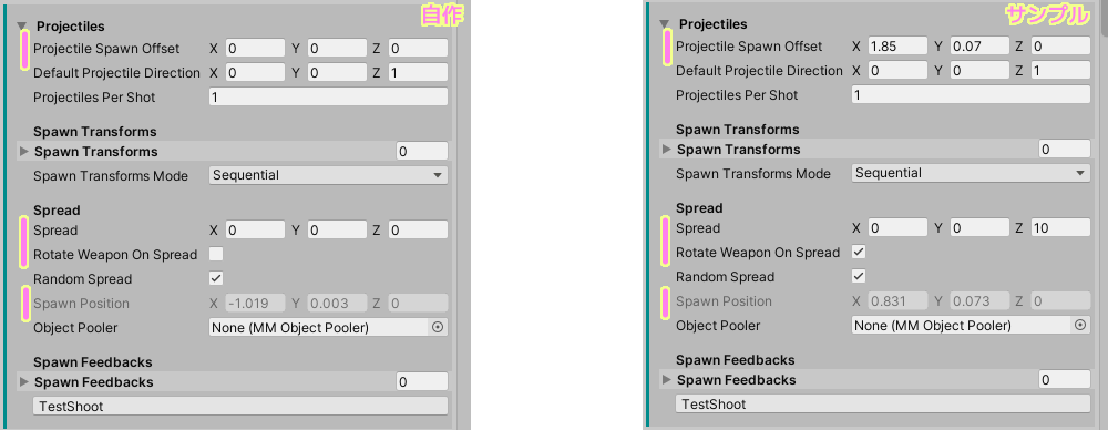 Unity TopDownEngine 自作(TestWeapon)とサンプル(KoalaRifle)のProjectileWeaponコンポーネント差分12 Projectiles