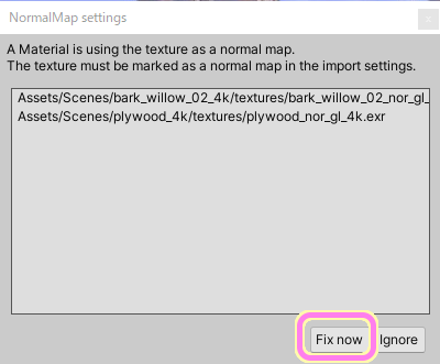 Unity fbx で使用しているノーマルマップテクスチャをプロジェクトに追加するとそれを適用するか聞かれるので Fix now を押します.