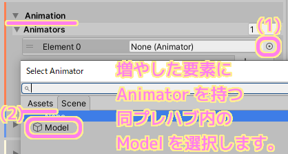 自作の TestWeapon プレハブの ProjectileWeapon コンポーネントの Animators の要素を1つ増やして同プレハブ内の Model GO を設定します2.