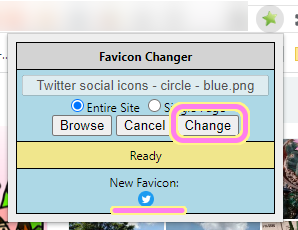 Favicon Changer 拡張機能でファビコン画像を選択した後で、 Change ボタンを押します.