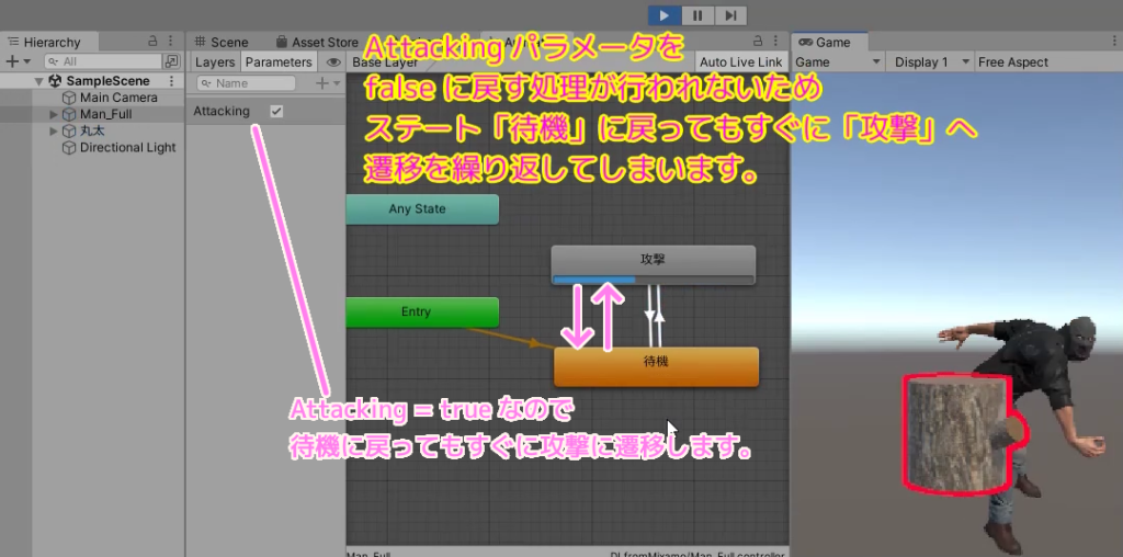 Unity AnimationController のパラメータをアニメーション完了後にリセットしない場合、何度も同じ遷移を繰り返してしまいます.2/2