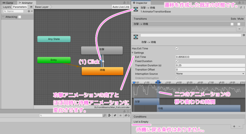 Unity AnimationController の遷移を作成した直後は無条件でアニメーションの完了直前からわずかな期間で遷移先のアニメーションに変化します.