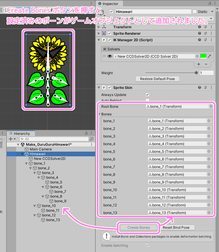 Unity Sprite Skin コンポーネントの Create Bones ボタンを押すと、Skinning Editor で画像に設定したボーンたちがゲームオブジェクトとして追加されました.