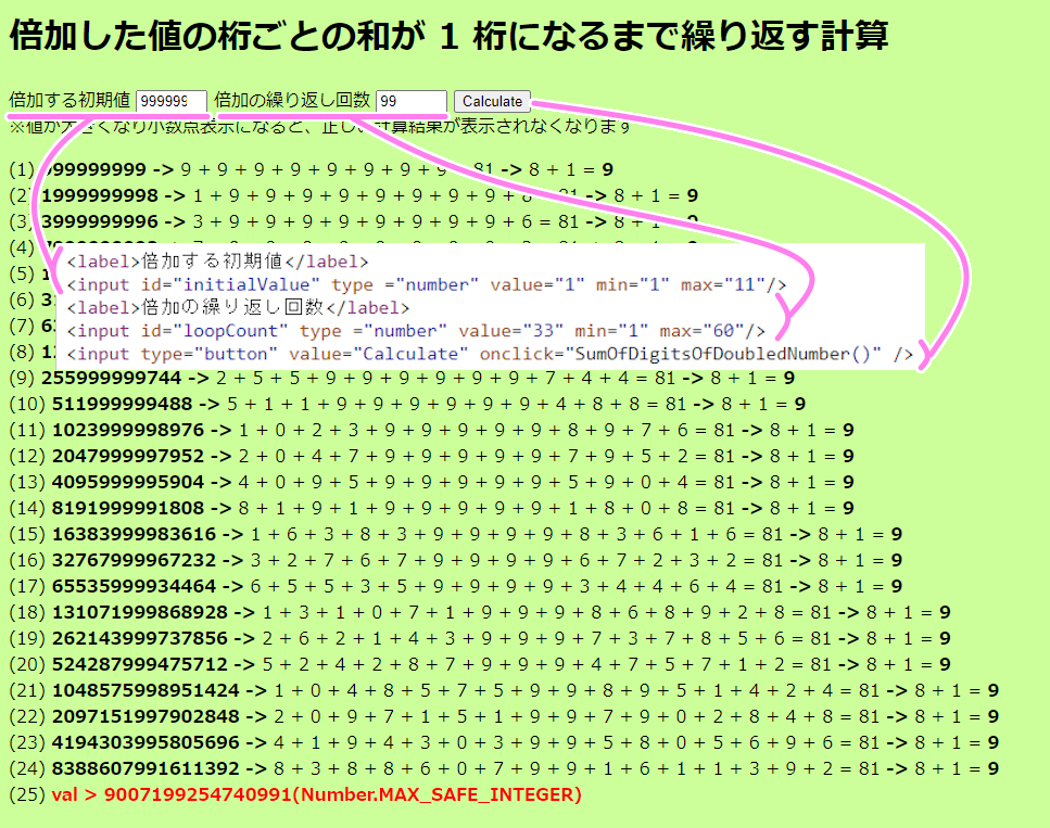 JavaScript ３６９の法則の計算のパラメータを HTML の Input 要素で指定する例