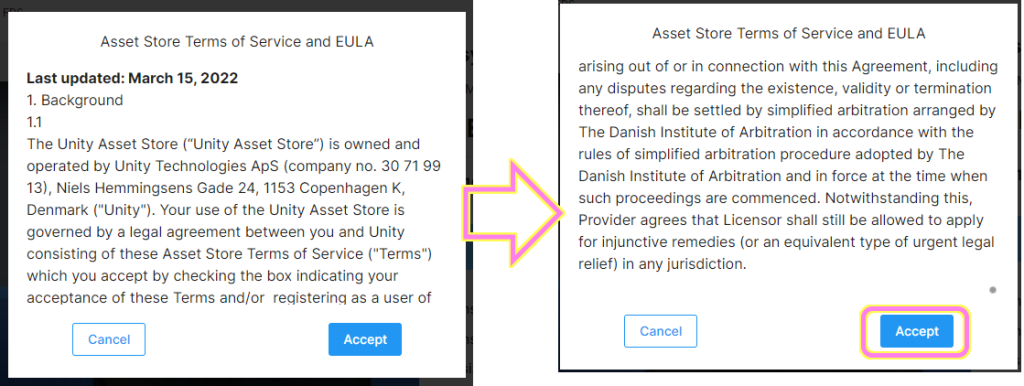 Unity Asset Store の Easy FPS の規約に同意する場合は Accept ボタンを押します.