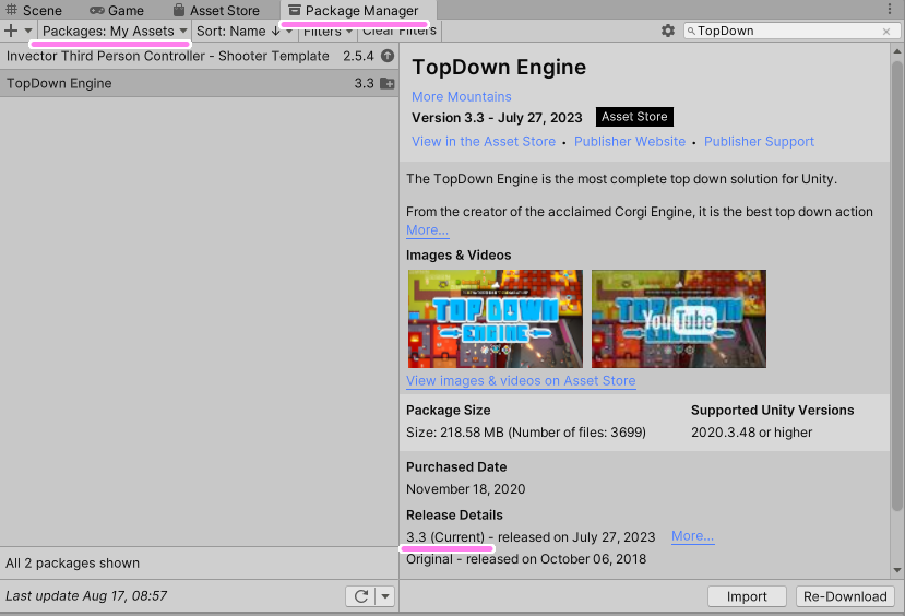 Unity PackageManager ウィンドウで TopDownEngine を 3.2 から 3.3 に Update して新規プロジェクトに Import しました.