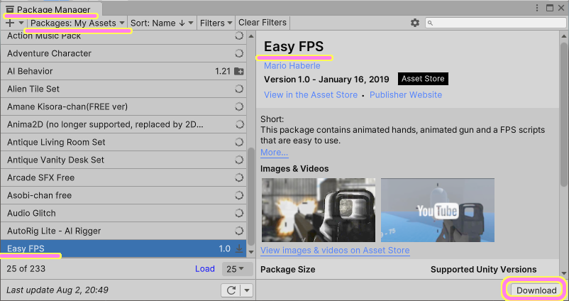 Unity プロジェクトのエディターの Package Manager ウィンドウで Easy FPS が表示されるので Download ボタンを押します.