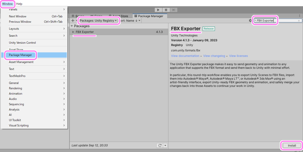 Unity PackageManager で Unity Registry を選択して FBX Exporter で検索して、そのページの右下のインストールボタンを押します.