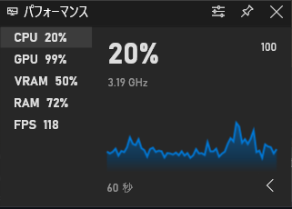 XBoxGameBar で録画停止直後のパフォーマンス CPU.