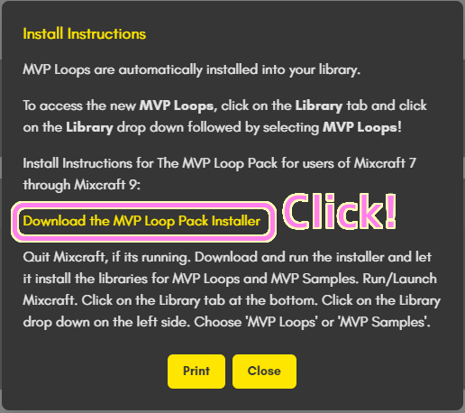 Acoustica 公式サイトで入手した無料製品 MVP Loops の Install Instructions の中央部分のリンクをクリックしてインストーラをダウンロードします..