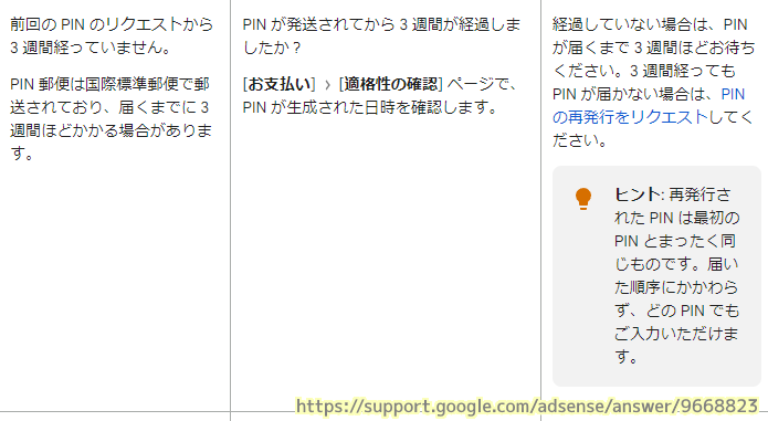 Google AdSense PIN を再送信する案内の抜粋.