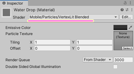 Unity Material の Mobile Particles VertexLit Blended シェーダーの初期設定