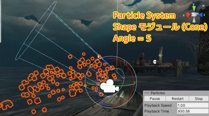 Unity Particle System Shape モジュール Cone 型の Angle を 25 から 5 に変化させた場合の粒子の放出のまとまり方の違い（Scene ウィンドウ）SS2