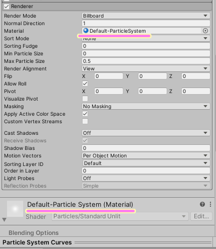 Unity Particle System の Material は Renderer モジュールの Material で変更できます.