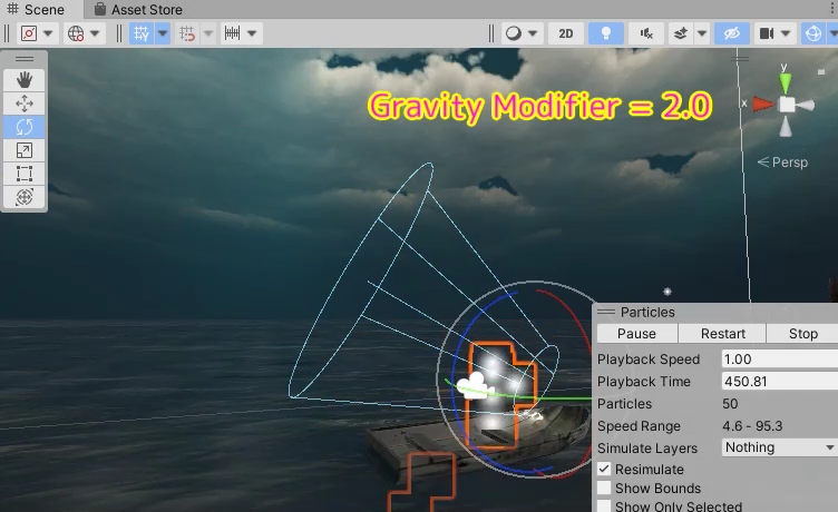 Unity Particle System メインモジュールの Gravity Modifier の値を変化させる例2.0