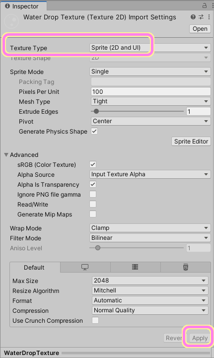 Unity の Material に設定する WaterDropTexture 画像アセットの Texture Type は Sprite に変更します.