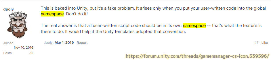 Unity フォーラムで GameManager アイコンの質問に対して名前空間を使うべきだとする主張2