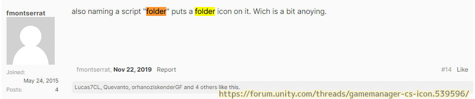 Unity フォーラムにも GameManager.cs のアイコンに関する質問があり、その回答の中には Folder.cs でも変わるという書き込みがありました.