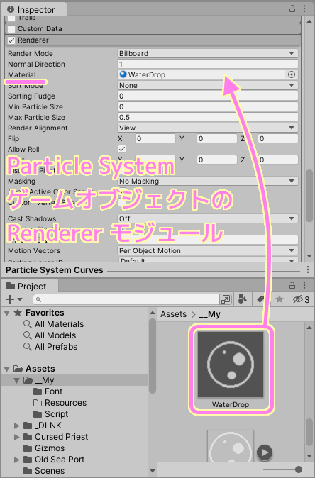 Unity 作成した Material を Particle System ゲームオブジェクトの Renderer モジュールの Material にドラッグ＆ドロップで設定します.