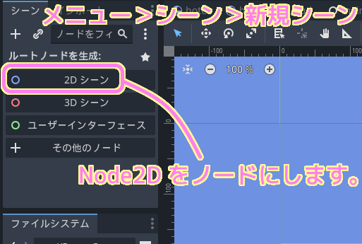 GodotEngine4 新規シーンで 2D シーン（Node2D)を選択します.